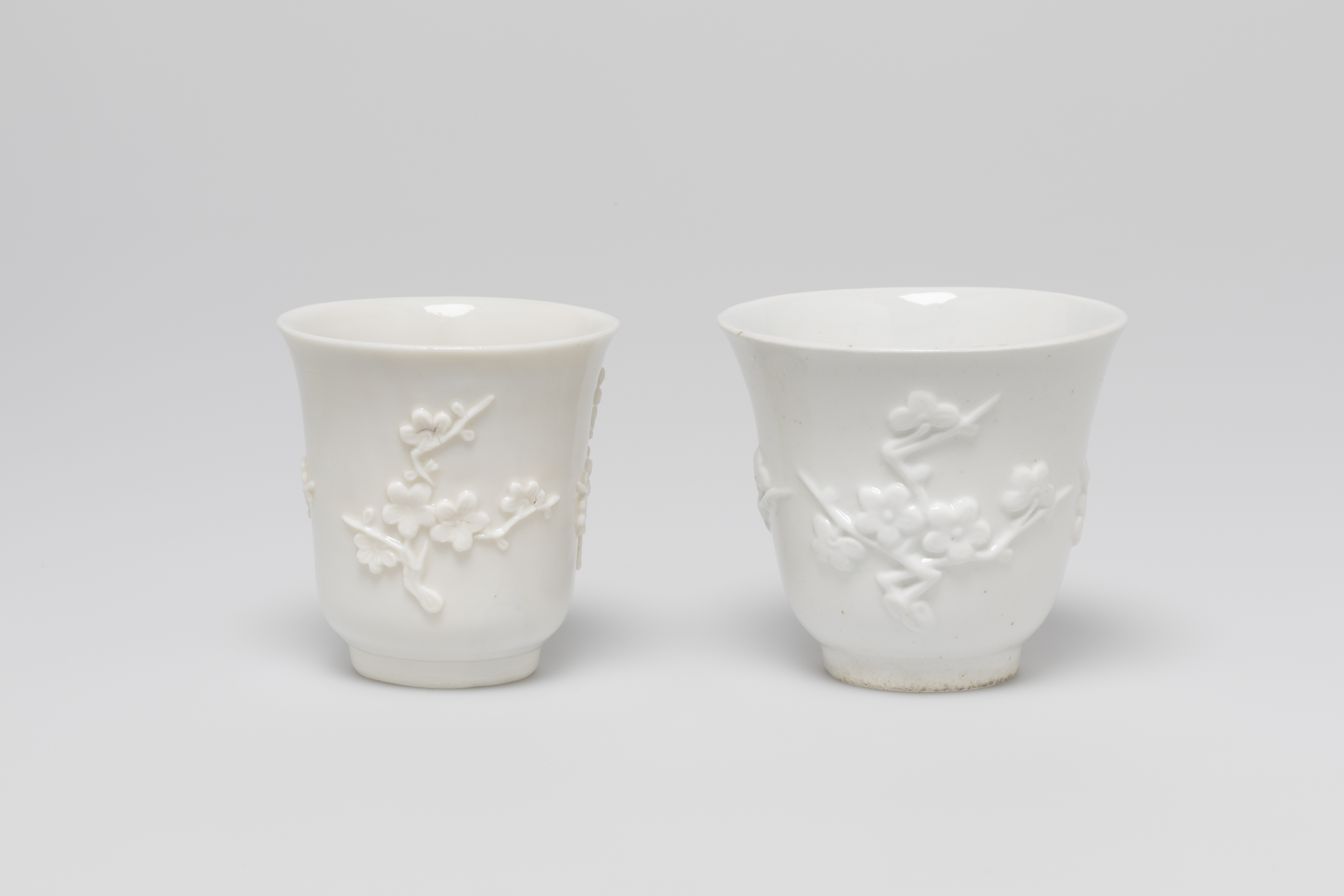 An image of almost identical two white tea cups decorated with blossom blowers in relief.